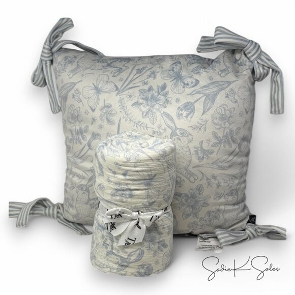 My Texas House Blue Bunny Toile Printed Dutch Velvet Easter Pillow 20" Spring - Picture 8 of 8